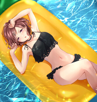 1girl :o absurdres arm_over_head armpits arms_up bare_arms bare_legs bikini black_bikini black_choker blush breasts choker collarbone frills from_above hair_ornament hairclip highres higuchi_madoka huge_filesize idolmaster idolmaster_shiny_colors looking_at_viewer lounge mole mole_under_eye navel open_mouth outdoors pool purple_eyes red_hair short_hair sleeveless small_breasts sodemaru_unagi solo spiked_choker spikes swimsuit tankini water x_hair_ornament