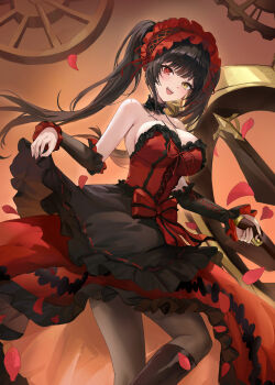 Rule 34 | 1girl, :d, absurdres, black hair, chinese commentary, commentary, date a live, detached collar, dress, falling petals, frilled dress, frills, gears, gun, hairband, heterochromia, highres, holding, holding gun, holding weapon, kuza brs, lolita hairband, long hair, looking at viewer, open mouth, orange background, pantyhose, petals, red dress, red eyes, smile, solo, tokisaki kurumi, twintails, very long hair, weapon, yellow eyes