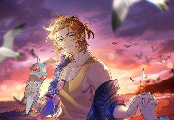 1boy aqua_eyes bangs_pinned_back beach bird black_jacket blonde_hair blurry blurry_background chinese_commentary cloud earrings eyewear_hang food fruit hair_ornament hairclip half_updo hawaiian_shirt heroine_(lovebrush_chronicles) holding holding_food holding_hands holding_ice_cream ice_cream ice_cream_cone interlocked_fingers jacket jewelry lars_rorschach lars_rorschach_(blue_pearl) leaf_print lens_flare linke looking_at_viewer lovebrush_chronicles male_focus motion_blur official_alternate_costume open_clothes open_jacket out_of_frame outdoors palm_tree parted_lips pectoral_cleavage pectorals scrunchie seagull shirt short_hair single_bare_shoulder single_off_shoulder smile solo strawberry stud_earrings sunglasses sunset sweat tank_top three-quarter_sleeves toned toned_male tree unworn_eyewear wrist_scrunchie yellow_tank_top