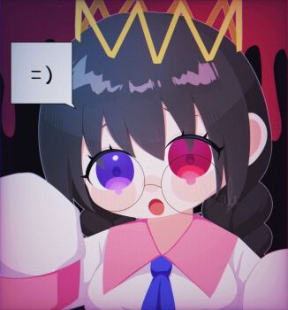 Rule 34 | 1girl, alt 0218, bad id, bad twitter id, black hair, braid, crown, glasses, heterochromia, highres, kirby (series), kirby 64, long hair, looking at viewer, low twin braids, nintendo, open mouth, purple eyes, red eyes, ripple star queen, sleeves past fingers, sleeves past wrists, twin braids