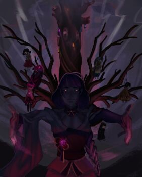 1girl absurdres arms_up asymmetrical_sleeves bare_tree blunt_bangs braid breasts bridal_gauntlets cleavage closed_mouth clothing_cutout cloud cloudy_sky doll evil_smile genshin_impact glowing glowing_eyes hashtag-only_commentary highres hitorrin horror_(theme) japanese_clothes kimono large_breasts light_smile long_braid looking_at_viewer neck_ribbon night night_sky off_shoulder outdoors purple_eyes purple_hair purple_kimono raiden_shogun red_ribbon red_sash ribbon sash shoulder_cutout single_braid sky smile solo standing tree uneven_sleeves upper_body voodoo_doll wide_sleeves