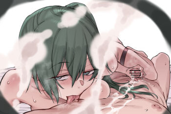 Rule 34 | 1boy, 1girl, autofacial, bar censor, breasts, censored, commentary request, completely nude, cuddling handjob, cum, cum on body, cum on camera, cum on self, eyewear view, facial, green hair, grey eyes, handjob, hetero, kouya toufu, licking, licking nipple, long hair, looking at viewer, nipple stimulation, nipples, nude, penis, pov, pov facial, reverse nursing handjob, simple background, solo focus, sousou no frieren, sweat, tongue, tongue out, ubel (sousou no frieren), white background