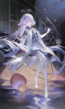 1girl commentary dress duetrofl earrings english_commentary full_body grey_hair hair_ornament halo hands_up highres holographic_interface jacket jewelry long_hair mornye_(wuthering_waves) parted_lips purple_dress red_eyes see-through_body solo triangle_earrings white_jacket wuthering_waves