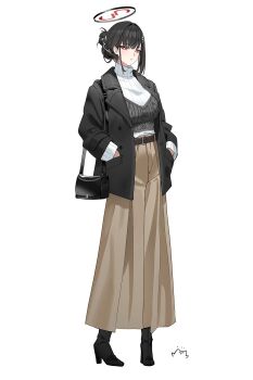 1girl alternate_costume bag black_boots black_coat black_hair black_halo blue_archive blunt_bangs boots breasts bright_pupils brown_pants brown_skirt coat full_body hair_ornament hair_up hairclip halo handbag hands_in_pockets high-waist_pants high_heel_boots high_heels highres large_breasts long_skirt looking_at_viewer multicolored_halo open_clothes open_coat pants parted_lips pigeon-toed red_eyes red_halo ringed_eyes rio_(blue_archive) shoulder_bag sidelocks simple_background skirt solo standing sweater turtleneck turtleneck_sweater two-tone_halo white_background white_pupils white_sweater yo_owl