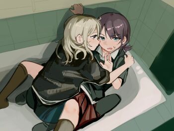 2girls bathroom bathtub between_legs black_shirt black_socks blue_eyes blush brown_hair chinese_commentary closed_mouth commentary_request empty_bathtub girls_band_cry green_shirt grey_eyes grey_hair haidao_mao hand_on_another's_shoulder indoors iseri_nina kawaragi_momoka kneehighs long_hair looking_at_another looking_at_viewer multiple_girls open_mouth plant_roots pleated_skirt red_skirt sentimental_girl's shadow shirt short_sleeves short_twintails skirt socks sweatdrop tile_wall tiles twintails yuri