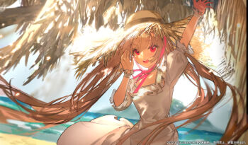 1girl 2022 :d absurdres alternate_costume alternate_hairstyle arm_up artist_name atri atri-my_dear_moments- backlighting blurry blurry_background blush brown_hair chinese_commentary commentary cowboy_shot dated day dress eyelashes finn_zoey floating_clothes floating_hair frilled_dress frilled_sleeves frilled_wrist_cuffs frills hair_between_eyes hand_up hat highres long_hair looking_at_viewer ocean open_mouth outdoors outstretched_hand pink_ribbon puffy_short_sleeves puffy_sleeves red_eyes ribbon short_sleeves sketch smile solo straw_hat sundress sunglasses teeth twintails upper_teeth_only very_long_hair waving white_dress white_wrist_cuffs wrist_cuffs