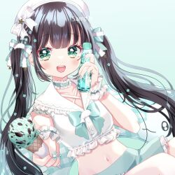 Rule 34 | 1girl, absurdres, album cover, artist name, azarashi6, black hair, blue bow, blue nails, blue skirt, bottle, bow, commentary request, commission, cover, dolphin, food, frills, glass bottle, green background, green eyes, hair bow, hair ornament, hat, highres, holding, holding bottle, holding food, holding ice cream, holding ice cream cone, ice cream, ice cream cone, incoming food, indie virtual youtuber, iruka emily, long hair, mint chocolate, nail polish, navel, open mouth, sailor hat, sample watermark, simple background, sitting, skirt, sleeveless, solo, star (symbol), star hair ornament, swimsuit, tank top, teeth, twintails, upper teeth only, utaite, virtual youtuber, watermark, white bow