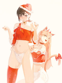 2girls absurdres alternate_costume animal_ear_fluff animal_ears bare_shoulders bell black_hair blonde_hair blush breasts cat_ears cat_girl cat_tail chainsaw_man choker christmas cleavage collarbone commentary cropped_shirt cross-shaped_pupils crying crying_with_eyes_open demon_girl demon_horns detached_sleeves dudrinm earrings english_commentary fangs fur-trimmed_headwear fur-trimmed_shirt fur-trimmed_sleeves fur_trim gluteal_fold hair_between_eyes hair_ornament hairclip hands_up hat higashiyama_kobeni highleg highleg_panties highres horns jewelry kemonomimi_mode long_hair long_hair_between_eyes long_sleeves looking_at_viewer looking_down medium_breasts multiple_girls nail_polish navel neck_bell open_mouth panties panty_pull parallel_hairclips ponytail power_(chainsaw_man) pulling_another's_clothes red_choker red_hat red_horns red_nails red_shirt red_sleeves red_thighhighs ribbon santa_costume santa_hat shirt short_hair short_ponytail shorts simple_background single_strap single_thighhigh sleeveless sleeveless_shirt standing strapless strapless_shirt string_panties symbol-shaped_pupils tail tail_ornament tail_ribbon tears thighhighs thong underwear v white_background white_panties white_shorts yellow_eyes yuri