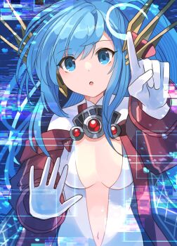1girl blue_eyes blue_hair breasts cleavage cleavage_cutout clothing_cutout highres jacket navel open_mouth ponytail puzzle_&amp;_dragons rakulog screen sharleto_(p&amp;d) solo straight-on window_(computing)