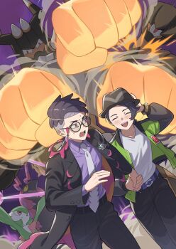 Rule 34 | 2boys, :d, amakara000, barbaracle, belt, black-framed eyewear, black coat, black hair, black pants, blue belt, closed eyes, coat, collared shirt, commentary request, corbeau (pokemon), gardevoir, gen 3 pokemon, gen 5 pokemon, gen 6 pokemon, glasses, green jacket, hat, highres, holding hands, jacket, male focus, mega barbaracle, multiple boys, necktie, nintendo, open clothes, open coat, open jacket, open mouth, pants, paxton (pokemon), pokemon, pokemon (creature), pokemon legends: z-a, purple shirt, round eyewear, scolipede, shirt, short hair, smile, teeth