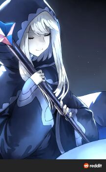 1girl blessing_of_the_welkin_moon blue_cloak blue_robe bowl cloak closed_eyes closed_mouth genshin_impact glowing gradient_hair hair_between_eyes haraya_manawari head_tilt highres holding holding_staff hood hood_up hooded_cloak light_smile long_sleeves multicolored_hair night night_sky pale_skin primogem reddit_logo robe shade short_hair sky solo space staff standing star_(sky) starry_sky swept_bangs white_hair wide_sleeves