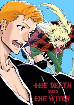 1boy 1girl bleach bleach:_epilogue blonde_hair broom broom_riding burn_the_witch cape checkered_cape checkered_clothes green_eyes green_jacket grin highres in-franchise_crossover jacket kudou_masashi kurosaki_ichigo ninny_spangcole open_mouth orange_eyes orange_hair shihakusho sideburns smile striped_clothes striped_thighhighs thighhighs third-party_source twintails