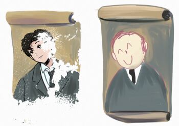 2boys before_and_after black_eyes black_hair black_necktie black_shirt blue_archive closed_eyes doodle_sensei_(blue_archive) doodles ecce_homo formal_clothes leaning_to_the_side multiple_boys necktie painting_(object) parabellum parody sensei_(blue_archive) sensei_(blue_archive_the_animation) shirt smile suit