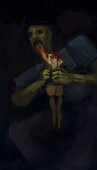 absurdres amputee aqua_shirt ass black_background blood blue_pants corpse creature guro highres looking_to_the_side minecraft no_eyes pants saturn_devouring_his_son shirt vei0_deseho zombie zombie_(minecraft)