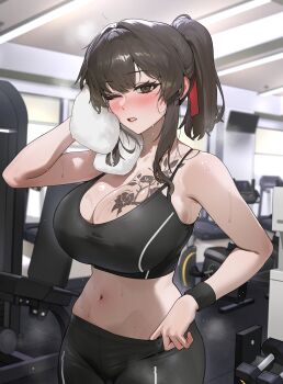 1girl absurdres blush breasts brown_hair cleavage gym_shirt highres large_breasts navel one_eye_closed original ponytail shirt sohn_woohyoung solo standing steam sweat tabbto tattoo towel