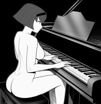 1girl android ass breasts casual_nudity expressionless highres huge_ass instrument large_breasts legs music nipples nude pale_skin piano playing_instrument playing_piano r_dorothy_wayneright robot short_hair sideboob sitting the_big_o thighs walkingdeadmann