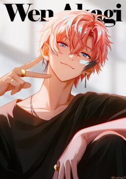 1boy akagi_wen arm_on_knee arm_up black_hair black_shirt blue_eyes character_name closed_mouth collarbone crew_neck hair_between_eyes hashtag-only_commentary highres hinakusa17 jewelry male_focus multicolored_hair necklace nijisanji parted_hair pink_hair ring shirt solo two-tone_hair virtual_youtuber