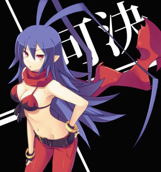 1girl antenna_hair bangle belt bikini bikini_top_only black_gloves blue_hair bracelet breasts cleavage commentary disgaea disgaea_d2 fingerless_gloves genderswap genderswap_(mtf) gloves hand_on_own_hip jewelry laharl-chan long_hair looking_at_viewer makai_senki_disgaea medium_breasts midriff pants parted_lips pointy_ears red_eyes red_scarf scarf solo swimsuit tobade_(tbdfactory) translation_request very_long_hair