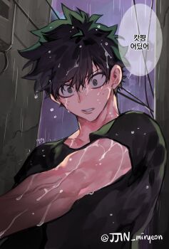 1boy absurdres alley black_shirt boku_no_hero_academia freckles highres korean_text looking_at_viewer male_focus midoriya_izuku misa_(jjin_miryeon) parted_lips rain shirt short_hair short_sleeves solo speech_bubble upper_body wet wet_hair