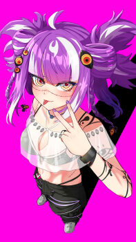 1girl :p absurdres arm_tattoo bare_shoulders bikini bikini_under_clothes black_bikini black_pants braid breasts cleavage closed_mouth clothes_around_waist cropped_shirt eye_print eye_tattoo eyeball_hair_ornament from_above full_body highleg highleg_bikini highres jacket jacket_around_waist kroble large_breasts long_hair looking_at_viewer michi_mochievee michi_mochievee_(summer) midriff multicolored_hair navel official_alternate_costume official_alternate_hairstyle pants purple_hair see-through_clothes see-through_shirt shirt shoes short_sleeves shoulder_tattoo solo standing stitched_face stitches streaked_hair swimsuit t-shirt tattoo tied_jacket tongue tongue_out twin_braids two_side_up v virtual_youtuber vshojo white_hair white_shirt white_shoes yellow_eyes