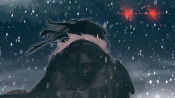 Rule 34 | 1boy, black hair, black jacket, ciruo, commentary, english commentary, from behind, fur trim, hood, hood down, jacket, long hair, male focus, outdoors, shadow slave, snow, snowing, solo, sunny (shadow slave), upper body