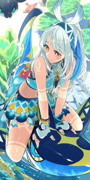 1girl bare_shoulders blue_hair blue_hairband blue_skirt braid breasts closed_mouth commentary creature crop_top fingerless_gloves fingernails fish fish-shaped_pupils full_body genshin_impact gloves hairband highres layered_skirt long_fingernails long_hair looking_back looking_down medium_breasts miniskirt mualani_(genshin_impact) multicolored_hair multicolored_nails nail_polish navel noeru orange_eyes ponytail riding shoulder_tattoo skirt smile solo tassel tattoo twin_braids two-tone_hair underwater very_long_hair white_gloves white_hair wristband