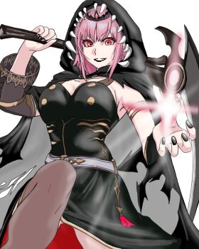 1girl black_cape black_dress black_nails black_tiara blush breasts cape cleavage detached_sleeves dress earrings gagusha highres holding holding_scythe hololive hololive_english hood hood_up jewelry large_breasts long_hair looking_at_viewer mori_calliope mori_calliope_(1st_costume) pink_eyes pink_hair red_eyes scythe single_detached_sleeve smile solo spiked_cape spiked_hood spikes tiara veil virtual_youtuber