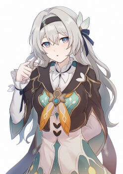 1girl arm_behind_back black_hairband brown_jacket commentary_request cowboy_shot dress firefly_(honkai:_star_rail) grey_hair hairband highres honkai:_star_rail honkai_(series) jacket long_hair long_sleeves purple_eyes rune_(rne_at) simple_background solo textless_version twirling_hair white_background