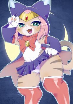 1girl :3 animal_ears animal_hands bishoujo_senshi_sailor_moon black_skirt boots bow bowtie cat_ears cat_girl cat_tail claws commentary_request cosplay crescent digitigrade felyne furry furry_female green_eyes hand_on_own_hip highres leotard looking_at_viewer magical_girl monster_hunter_(series) monster_hunter_stories_2:_wings_of_ruin open_mouth oze_jp pawpads pink_hair red_boots red_bow red_bowtie sailor_moon sailor_moon_(cosplay) sailor_senshi_uniform school_uniform serafuku short_hair skirt solo tail tsukino_(monster_hunter) whiskers white_leotard