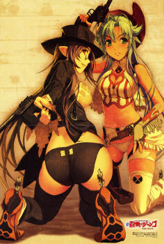 2girls absurdres antenna_hair ass belt black_panties blue_hair blush breasts cleavage cowboy_hat cowboy_western elf fingerless_gloves franco_il_nero fringe_trim glasses gloves green_eyes gun handgun hat highres kneeling large_breasts lily_salvatana lipstick long_hair looking_back lowleg lowleg_panties makeup mauser_c96 midriff multiple_girls nail_polish nishii_(damnedrive) nitroplus non-web_source panties pistol pointy_ears purple_hair red_eyes revolver smile spurs thighhighs underwear very_long_hair weapon white_panties zoku_satsuriku_no_django
