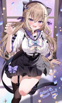 1girl absurdres animal_ears belt black_belt black_garter_straps black_shoes black_skirt black_thighhighs blonde_hair bow bow_skirt breasts cat_ears cat_girl cat_tail commission fangs garter_straps hair_between_eyes hair_ornament hand_up highres large_breasts long_hair looking_at_viewer open_mouth original purple_bow purple_eyes shirt shirt_tucked_in shoes short_sleeves single_garter_strap single_thighhigh skeb_commission skirt smile standing standing_on_one_leg tail thank_you thighhighs very_long_hair white_shirt yam_(yamap_mako)