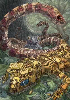 absurdly_detailed_composition absurdres blue_eyes brown_eyes cable commentary_request forest forked_tongue gecko grass highres iguana industrial_pipe joints kamikairo lizard machinery nature no_humans non-humanoid_robot original outdoors robot robot_animal robot_joints rock slit_pupils snake stick tongue tree tube water