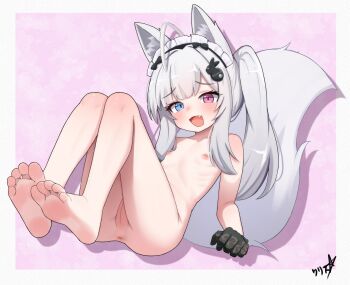 1girl absurdres ahoge animal_ears anus barefoot blue_eyes boppin cleft_of_venus commentary commission completely_nude english_commentary fang feet flat_chest fox_girl fox_tail full_body gloves heterochromia highres huge_filesize loli maid_headdress nipples nude open_mouth original pixiv_commission pussy soles solo tail toes uncensored variant_set