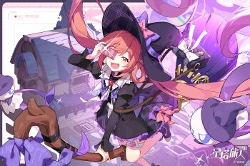 1girl :3 :d ;d black_bag black_boots black_dress black_hat boots bow bowtie broom broom_riding camera chinese_commentary commentary_request dress floating_hair hair_rings hat highres holding holding_camera juliet_sleeves long_hair long_sleeves looking_at_viewer lossy-lossless mistique_(stella_sora) official_art one_eye_closed one_eye_covered open_mouth orange_hair pink_eyes plaid_clothes plaid_dress puffy_sleeves pumpka_phantom_(stella_sora) purple_bow purple_bowtie short_dress smile solo stella_sora stitched taking_picture third-party_edit twintails very_long_hair witch witch_hat