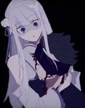 1boy 1girl bandages bandages_over_eyes black_hair blood braid crown_braid emilia_(re:zero) half-elf highres natsuki_subaru purple_eyes re:zero_kara_hajimeru_isekai_seikatsu tagme white_hair