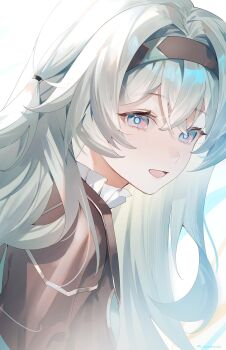 1girl black_jacket collared_shirt colored_eyelashes crossed_bangs firefly_(honkai:_star_rail) gradient_hair grey_hair hair_between_eyes highres honkai:_star_rail honkai_(series) jacket long_hair looking_at_viewer multicolored_eyes multicolored_hair open_mouth shirt simple_background smile solo yukiusagi_(snowrabbit0508)