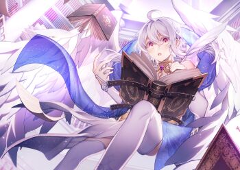 1boy ahoge bare_shoulders book bookshelf feathered_wings gem hagoromo holding holding_quill indoors looking_at_viewer open_book open_mouth original purple_eyes purple_gemstone quill shawl short_hair solo thighhighs thx_39 white_hair white_thighhighs white_wings wings