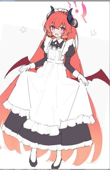 Rule 34 | 1girl, absurdly long hair, alternate costume, alternate hairstyle, apron, black dress, blue archive, blunt ends, blush, demon girl, demon horns, demon wings, dress, enmaided, frilled apron, frilled dress, frills, full body, hair between eyes, hair down, halo, horns, juliet sleeves, junko (blue archive), long dress, long hair, long sleeves, looking at viewer, low wings, maid, maid apron, maid headdress, open mouth, puffy sleeves, red eyes, red hair, red halo, sateto (user knrf2332), sidelocks, simple background, sketch, skirt hold, slit pupils, solo, standing, straight hair, very long hair, white apron, white background, wings