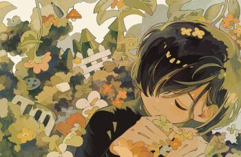 Rule 34 | 1girl, absurdres, bad id, bad twitter id, blue flower, bush, closed eyes, clover, fence, flower, four-leaf clover, green nails, hair over one eye, highres, iampen0401, leaf, long sleeves, nature, orange flower, original, pine tree, plant, smile, solo, tree, white flower, yellow flower