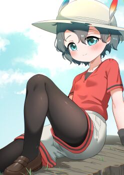 1girl absurdres black_gloves black_hair black_pantyhose blue_eyes blush brown_shoes chis_(js60216) gloves grey_shorts hair_between_eyes hat_feather helmet highres kaban_(kemono_friends) kemono_friends loafers looking_at_viewer pantyhose pith_helmet red_shirt red_trim shirt shoes short_hair short_sleeves shorts sidelocks sitting smile solo t-shirt