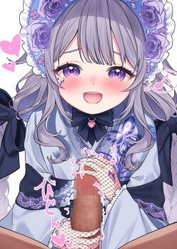 1boy 1girl blush bonnet braid censored fishnet_gloves fishnets gloves hair_ribbon handjob heart hololive hololive_english japanese_clothes jewel_under_eye kimono koseki_bijou koseki_bijou_(new_year) long_hair looking_at_viewer open_mouth penis pov pov_crotch purple_eyes purple_hair ribbon somari_(somari_cat) twin_braids very_long_hair virtual_youtuber white_background