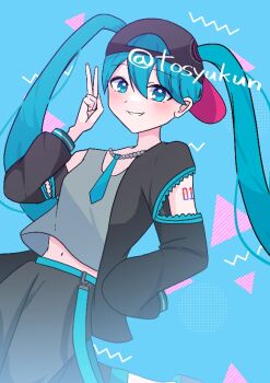 Rule 34 | 1girl, abstract background, alternate costume, aqua belt, aqua eyes, aqua hair, aqua necktie, arm tattoo, backwards hat, baseball cap, belt, black hair, black jacket, black pants, blush, commentary request, hand on own hip, hat, hatsune miku, jacket, jewelry, long hair, navel, necklace, necktie, number tattoo, open clothes, open jacket, pants, single sleeve past fingers, smile, solo, tattoo, teeth, tosyukun, triangle, twintails, twitter username, v, vocaloid