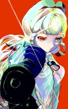 1girl 832cy alice_thymefield animal_ears blonde_hair chest_bow commentary hair_ornament heterochromia highres holding holding_sword holding_weapon long_hair looking_at_viewer low_twintails rabbit_ears rabbit_girl red_background red_eyes shirt solo sparkle sphere_hair_ornament sword symbol-only_commentary twintails upper_body weapon white_shirt yellow_eyes zenless_zone_zero