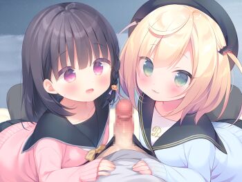 1boy 2girls :3 bat_hair_ornament black_hair blonde_hair blue_cardigan blush braid bulge cardigan censored erection ffm_threesome game_cg green_eyes group_sex hair_ornament hat hetero kazari_(mainichi_kiss_shite_lolita) large_variant_set loli looking_at_viewer mainichi_kiss_shite_lolita mihato_(mainichi_kiss_shite_lolita) mosaic_censoring multiple_girls non-web_source open_mouth penis pink_cardigan pink_eyes piyodera_mucha pov sailor_collar side_braid sweatdrop threesome two_side_up usashiro_mani variant_set