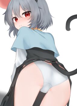 1girl animal_ears ass black_dress blue_capelet blush capelet closed_mouth commentary_request dakuazu dress grey_hair highres long_sleeves looking_at_viewer looking_back mouse_ears mouse_girl mouse_tail nazrin panties red_eyes simple_background solo tail touhou underwear white_background white_panties