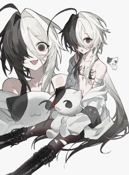 1girl absurdres ahoge bccch123 boots commentary dress grey_background hair_over_one_eye highres lace-up_boots long_hair multicolored_hair multiple_views off_shoulder open_mouth original sharp_teeth shirt solo stuffed_animal stuffed_toy tank_top teeth torn_clothes torn_dress torn_shirt