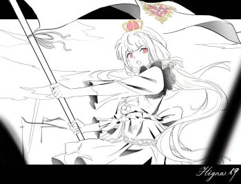 1girl artist_name blunt_bangs chinese_commentary cloud commentary_request cowboy_shot crown determined eyelashes flag flower frilled_vest frills greyscale hair_flower hair_ornament high-waist_skirt hignas holding holding_flag infinity_nikki lace lace-trimmed_skirt lace_trim letterboxed long_hair long_sleeves loose_hair_strand low_twintails medium_skirt mini_crown monochrome nikki_(nikki) nikki_(series) open_mouth outdoors outside_border pink_crown pink_eyes pleated_skirt rose shirt skirt solo spot_color tareme twintails very_long_hair vest war wavy_hair