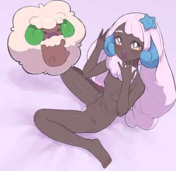 1girl :d bar_censor barefoot black_skin blush breasts censored colored_skin commentary_request completely_nude dark-skinned_female dark_skin gen_5_pokemon hair_ornament hands_up happy jacinthe_(pokemon) long_hair miyako_(naotsugu) navel nintendo nipples nude open_mouth pink_hair pokemon pokemon_(creature) pokemon_legends:_z-a purple_eyes revision sitting small_breasts smile solo star_(symbol) star_hair_ornament teeth toes twintails upper_teeth_only wariza whimsicott