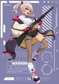 Rule 34 | 1girl, absurdres, ahoge, alternate costume, assault rifle, black bow, black gloves, black necktie, black shorts, bow, commentary request, dark-skinned female, dark skin, fingerless gloves, fishnet pantyhose, fishnet thighhighs, fishnets, gloves, grey background, gun, hair bow, highres, holding, holding gun, holding weapon, jacket, looking at viewer, lunch boxer, matsukai mao, necktie, nijisanji, pantyhose, pink hair, purple eyes, rifle, shirt, shoes, shorts, single leg pantyhose, smile, solo, teeth, thighhighs, twintails, upper teeth only, virtual youtuber, weapon, white jacket, white shirt, white shoes