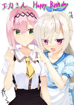 2girls absurdres ahoge akizuki_kanna apron artist_collaboration black_hairband blue_bow blue_shirt blunt_ends bob_cut bow brown_skirt cafe_stella_to_shinigami_no_chou closed_mouth collared_shirt commentary commission company_connection cowboy_shot crossed_bangs crossover eyes_visible_through_hair finger_heart frilled_apron frills frown green_eyes grey_hair hair_between_eyes hair_bow hairband hand_up happy_birthday heart_hands_failure highres ju3cxqko75m199r long_hair looking_at_another mizuka_academy_school_uniform multiple_girls necktie obsidiaki open_mouth pink_hair plaid_clothes plaid_collar puffy_short_sleeves puffy_sleeves red_eyes school_uniform shirt short_hair short_necktie short_sleeves signature simple_background skirt split_mouth striped_clothes striped_shirt suspender_skirt suspenders sweatdrop tanikaze_amane tenshi_souzou_re-boot! vertical-striped_clothes vertical-striped_shirt very_long_hair waist_apron waitress white_apron white_background white_shirt yellow_necktie yuzusoft